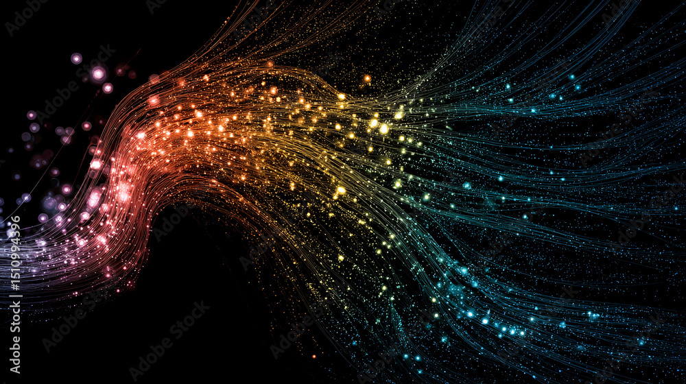 Poster Abstract image of colorful light streaks on black background, resembling flowing energy or starlight, creating a dynamic and vibrant design suitable for various digital applications