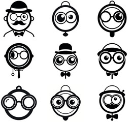 Whimsical Nerd Face Icon Set with Hats and Glasses