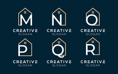 Set of Letters M N O P Q R with house logo design templates. Modern isolated Initials with house symbols for real estate and architecture