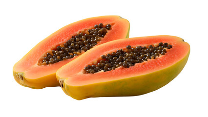 Halved ripe papaya with seeds isolated on transparent background, a tropical fruit, vibrant orange and yellow, macro studio shot