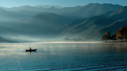 Fototapeta premium Person in small boat amidst large water body, surrounded by mountains, with foggy air