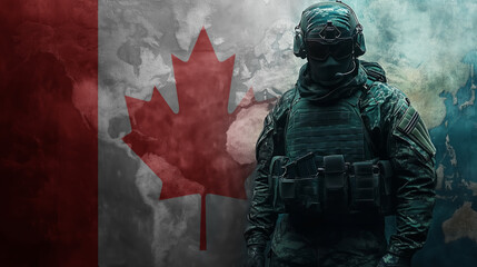 soldier in tactical gear standing in front of the Canadian flag. The scene is dramatic with world map background.
