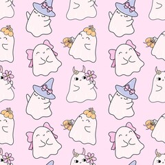 Cute Ghost Seamless Pattern.
Kawaii Halloween Ghosts with Flowers. Girly Halloween Ghost Pattern