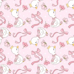 Princess Duck Seamless Pattern. Kawaii Swan with Crown and Flowers.Silly goose pattern