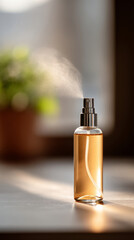 Naklejka premium Facial mist device spraying in front of mirror for skincare and relaxation