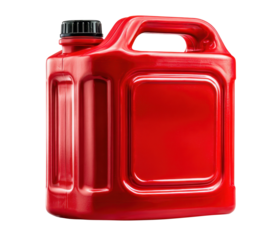 Red plastic jerrycan with a black cap, isolated on a transparent background, featuring a sturdy handle and secure closure for safe liquid storage and transport
