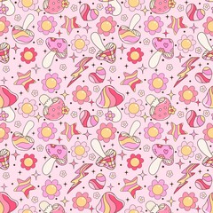 Mushroom Magic Pattern. Kawaii Mushroom Floral Star Sparkle Pattern. Groovy mushroom fabric design