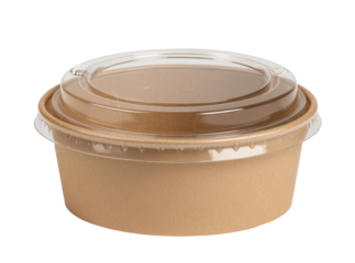 Biodegradable food container with clear lid, highlighting sustainable packaging solution for takeaway meals, resting on transparent surface