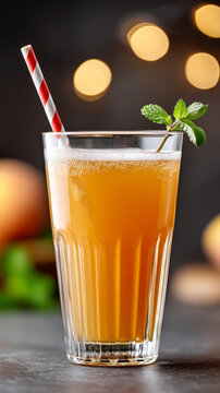 Refreshing sparkling peach soda in elegant glass with mint and straw for summer enjoyment