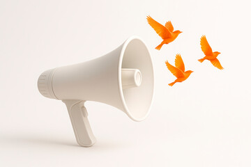Orange birds fly out of the megaphone.