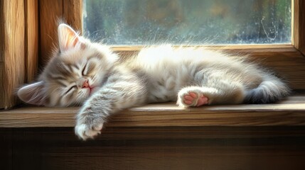 Little kitty kitten fluffy domestic cat sleeps next to the window. 