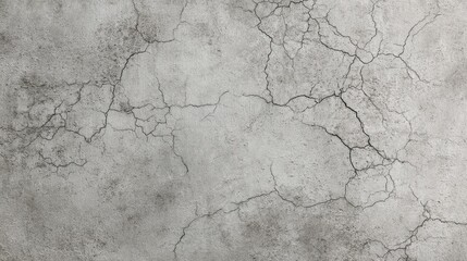 Weathered concrete wall revealing extensive cracking, displaying textural details and structural stress, perfect for industrial or grunge design backgrounds