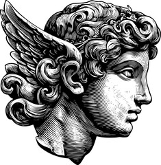 A black and white illustration of a classical male bust in profile, possibly depicting a Greek or Roman deity like Hermes, with winged details behind the ear and curly hair