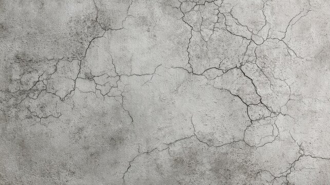 Weathered concrete wall revealing extensive cracking, displaying textural details and structural stress, perfect for industrial or grunge design backgrounds