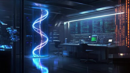 A computer lab with a blue DNA strand in the middle. There are several computer monitors and a keyboard - Powered by Adobe