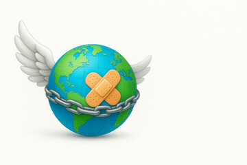 A globe with wings, chained and plastered. Space for text.