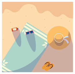 Vector Illustration: Beach Scene with Towel, Hat, Sunglasses, Sunscreen, and Flip-Flops