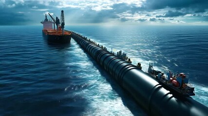 Refined oil being loaded onto tanker from floating production rig through giant flexible pipes