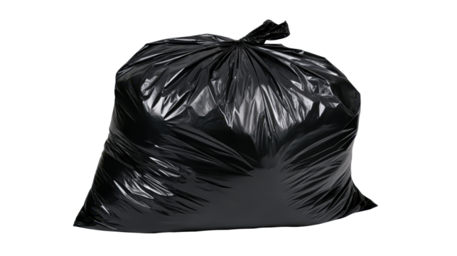 Black plastic garbage bag knotted securely, sealed at opening, positioned against clean transparent backdrop, symbolizing household waste management