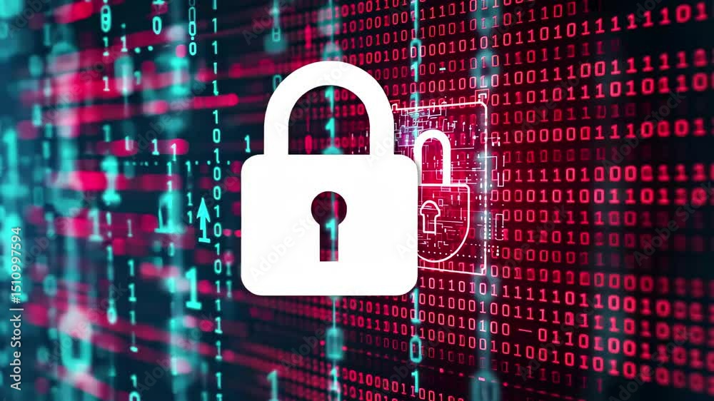 Aufkleber Visualizing digital security concepts with a lock symbol over binary code background in vibrant 4K colors