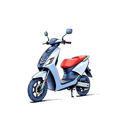 A white and red electric scooter with black wheels, a red seat, and two rearview mirrors, set against a white background