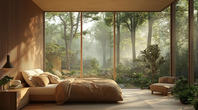 Fototapeta Modern bedroom with a view of a misty forest