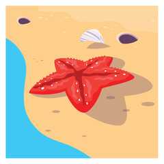 Vibrant Vector Illustration of a Red Starfish on a Sandy Beach with Seashells and Blue Water