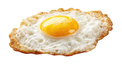 Sunny side up egg with golden runny yolk, crisp white edges, isolated on transparent background, highlighting classic breakfast culinary simplicity