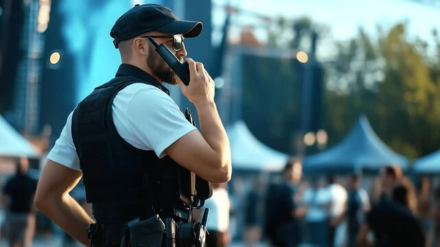 Security professional holds walkie-talkie with one hand, other on hip, watching over outdoor concert venue setup