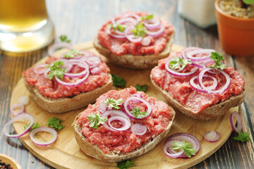 Traditional German sandwiches with minced meat Mettbroetchen	