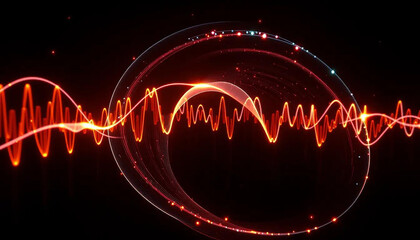 Abstract brainwave pulses rendered as spiraling lights and 3D curves, interactive data simulation