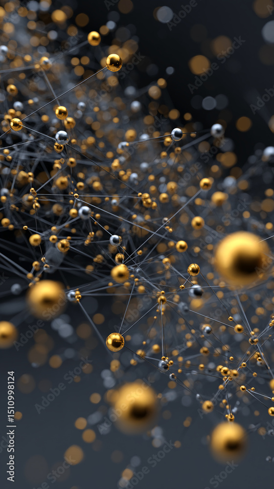 Poster Abstract image of interconnected gold and silver spheres, creating a network visualization, symbolizing connection, technology, or global communication