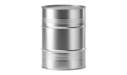 Silver metal barrel featuring corrugated edges, blank label area, isolated on transparent background, representing industrial packaging design concept