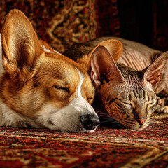 Professional photo of a red corgi and a sphinx sleeping in a friendship pose.