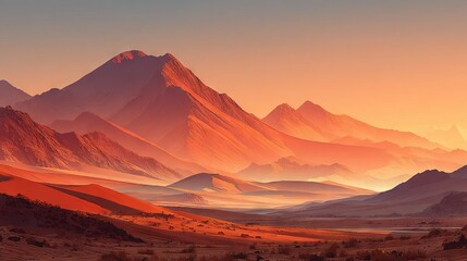 Obraz premium A desert panorama featuring towering mountains and a flowing river during sunset