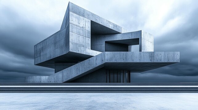 Modern concrete building against a dramatic sky