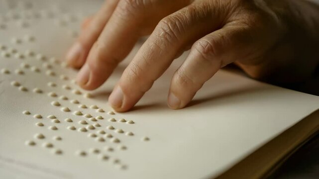 An elderly hand reads braille on a page, highlighting the importance of accessible education for individuals with visual impairments