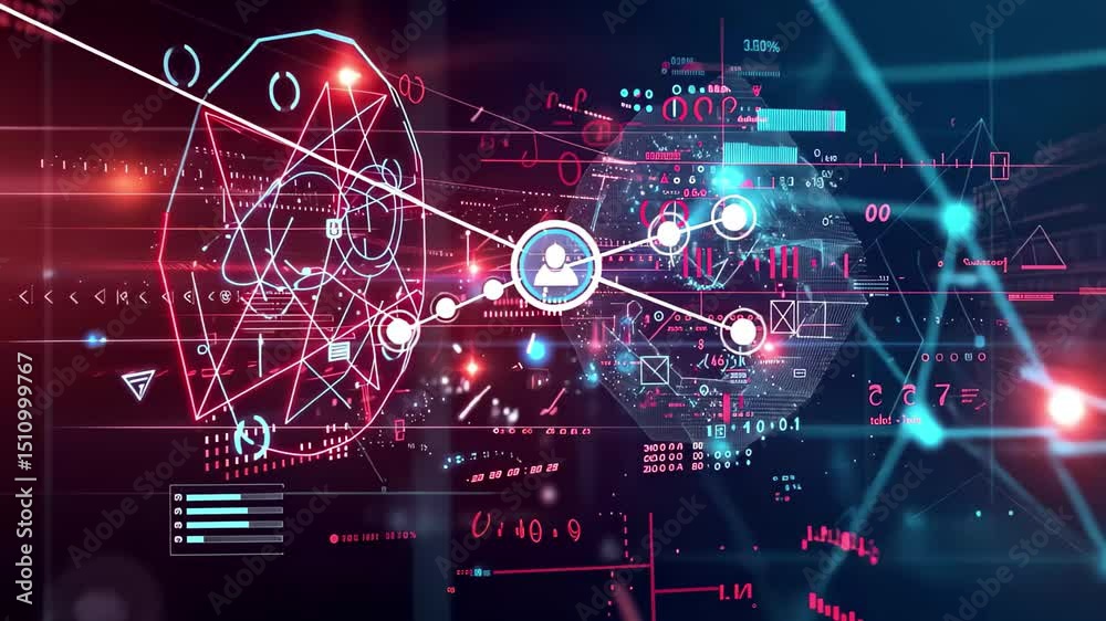 Poster Modern data visualization with futuristic graphics showcasing network connections and analytics in a tech environment