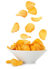 Tasty crispy potato chips falling into bowl on white background