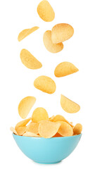 Tasty crispy potato chips falling into bowl on white background