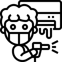 Man wearing mask sprays cleaner on air conditioner in home to sanitize and disinfect it, promoting hygiene and health.