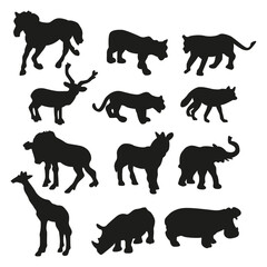 Different silhouettes of a wild animals isolated on a white background. Wild animals silhouette collection