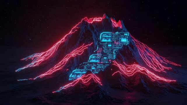 Futuristic mountain with glowing circuits