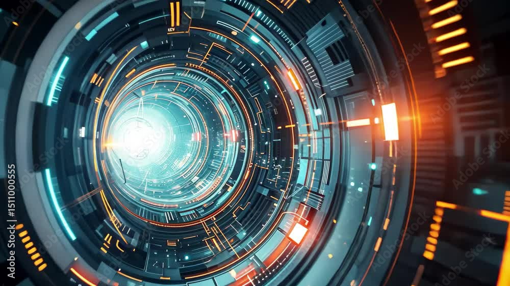 Poster Futuristic tunnel with glowing circuits and dynamic lights showcasing advanced technology in a captivating digital environment