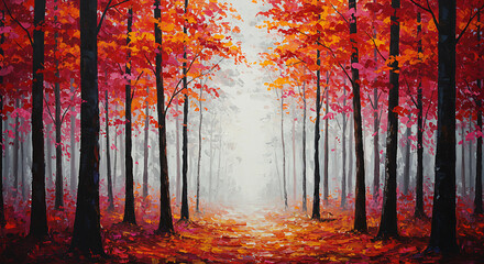 A vibrant oil painting depicts a serene autumn forest path, with tall trees showcasing brilliant red and orange foliage leading into a misty, ethereal light.