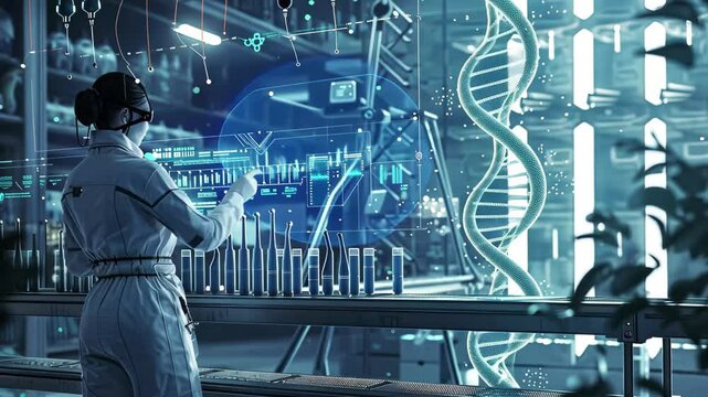 Exploration of advanced biotechnology in a modern laboratory setting with virtual reality tools and data visualization - Powered by Adobe