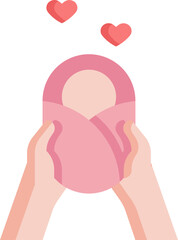 Loving hands holding newborn baby wrapped in pink blanket with hearts floating above, symbolizing care and affection in a sweet and tender moment.