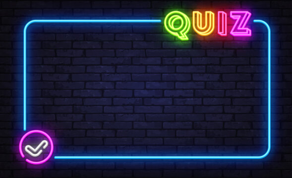Minimal glowing quiz layout with colorful word and checkmark icon, bright blue frame on dark wall, clean trivia design