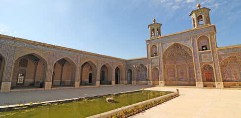 Located in Shiraz, Iran, the Nasser Al-Mulk Mosque was built in 1888. It has a colorful appearance.