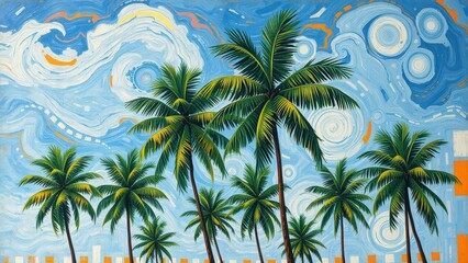 Vibrant Palm Trees Under a Swirling Sky An Impressionistic Tropical Paradise